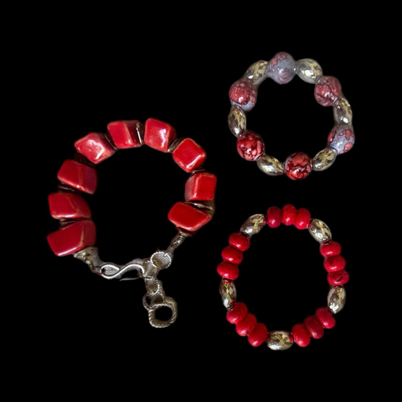 Handmade Jewelry - Set of 3 Handcrafted Red Coral & Silver Artisan Bracelets Boho